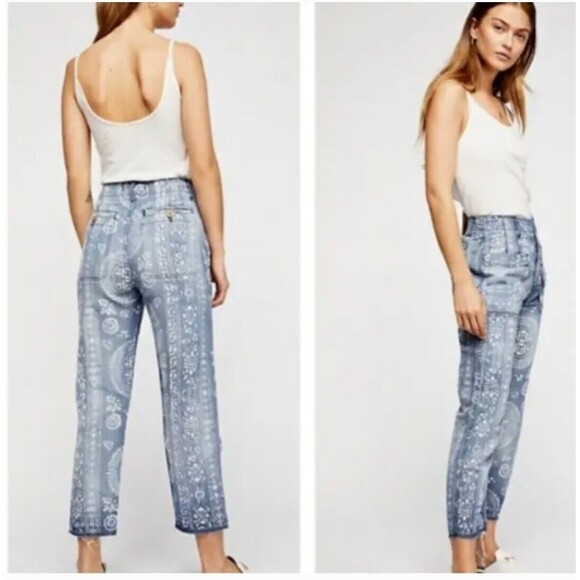 Linen Blend Island Vibes Batik Discharge Trouser Pants 26 - Picture 1 of 6